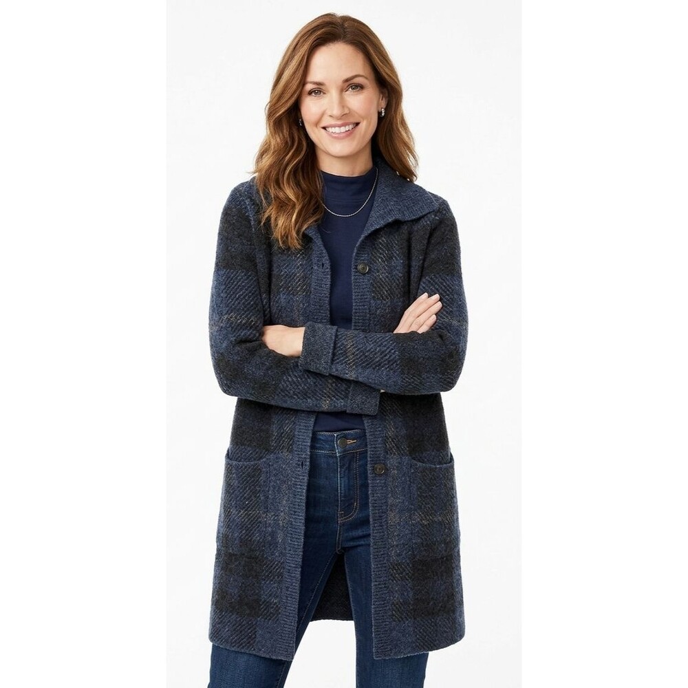 J. Jill Medium Tall sz MT Boiled Wool Blend Plaid Cardigan Coat Blue Jacket EUC